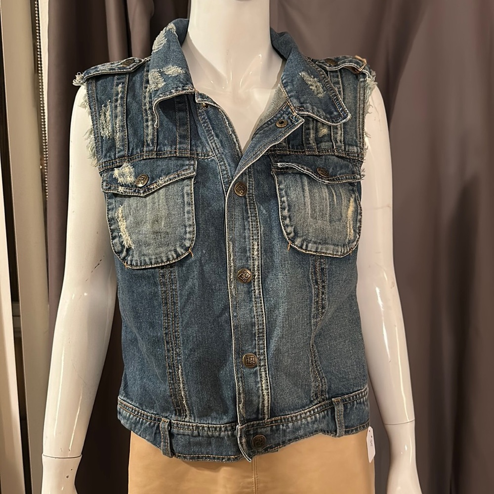 Free People Boho Jean vest with Crocheted back